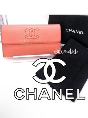 🩷CHANEL Wallet Timeless CC Embroidered Top Flap Snap Long  Salmon Pink Coral COA